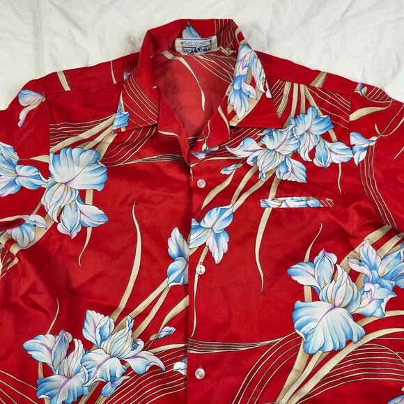 Vintage Waltah Clarks Mens Large Red Blue Floral Button Up Hawaiian Shirt Casual - Picture 3 of 8